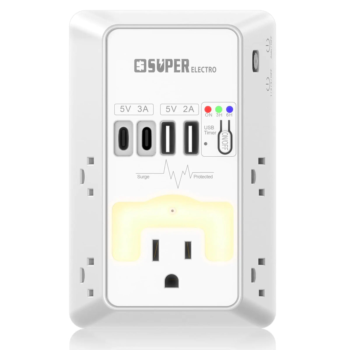 Super Electro Surge Protector Power Strip — 5 outlets, 2 USB-C, 2 USB-A, night light